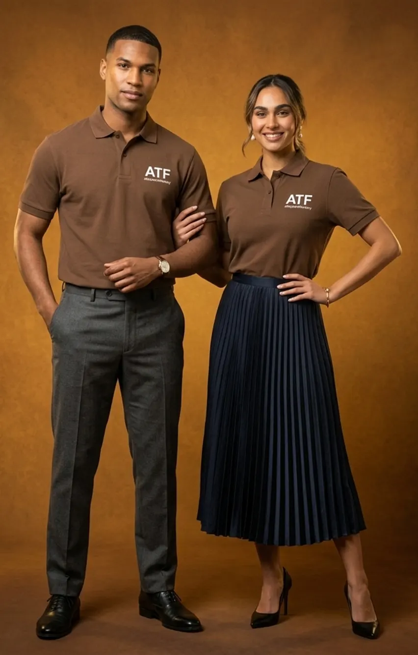Man and woman wearing matching custom embroidered brown polo shirts with logo