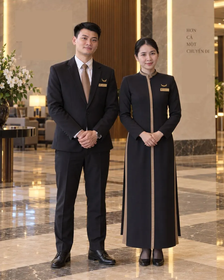 Hotel front desk staff wearing custom tailored suit and uniform dress made by ATL Apparel Factory