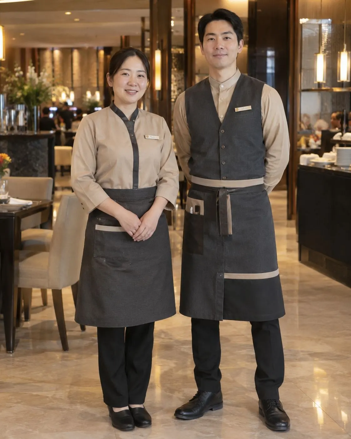 Restaurant host and server wearing custom tailored aprons and uniforms made by ATL Apparel Factory